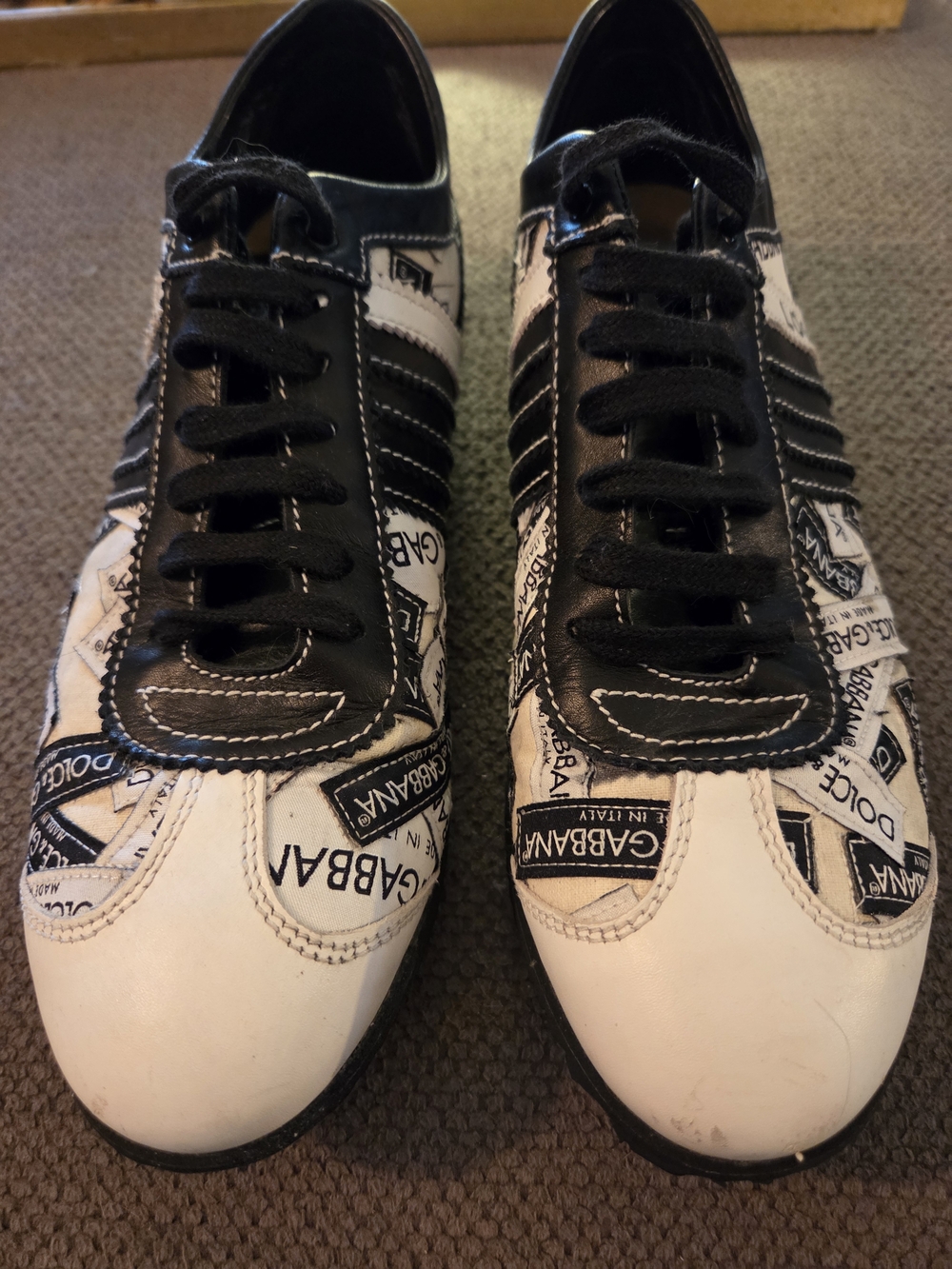 Dolce Gabbana Cream and Black Logo Sneakers Low Profile Bowling Silhouette READ